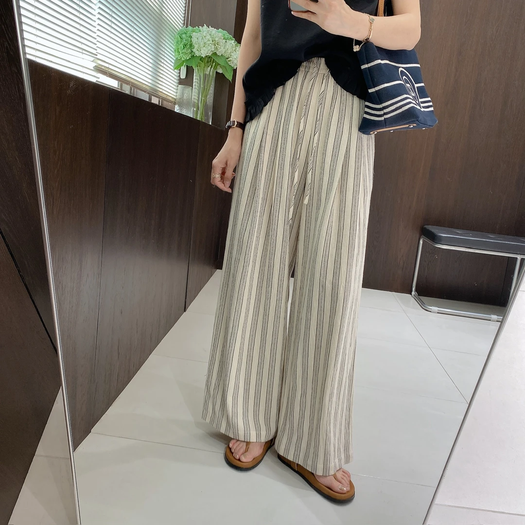 IMFLY金小金自制女装 休闲裤DYK2669竖条纹宽松直筒松紧腰休闲裤