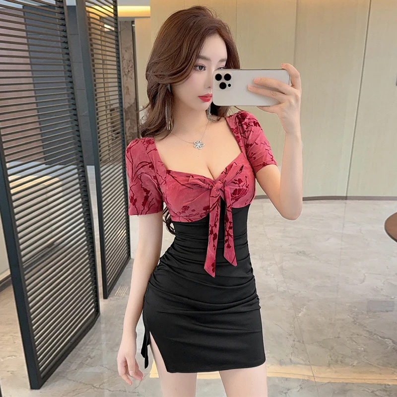 名媛辣妹低胸撞色遮肚显瘦蝴蝶结性感包臀连衣裙夜场KTV上班衣服