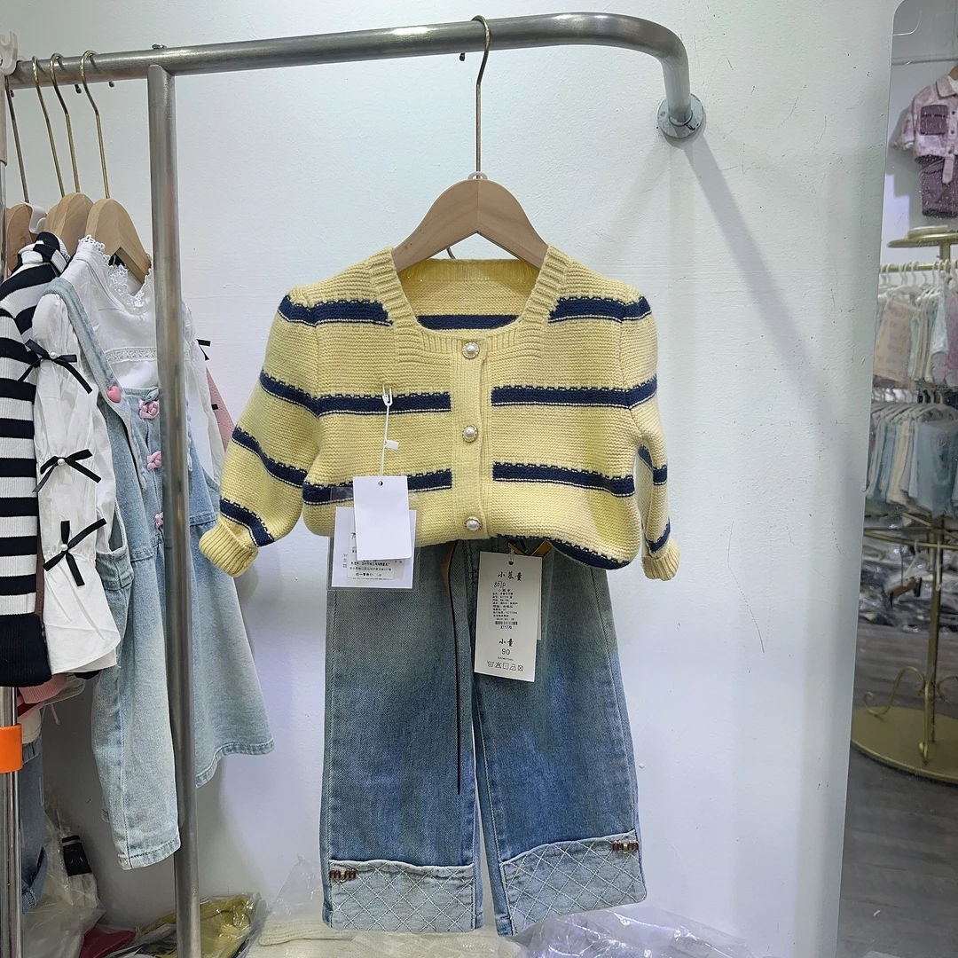 韩版女加绒加厚款薄款毛衣针织衫百搭女童条纹小香风牛仔小童
