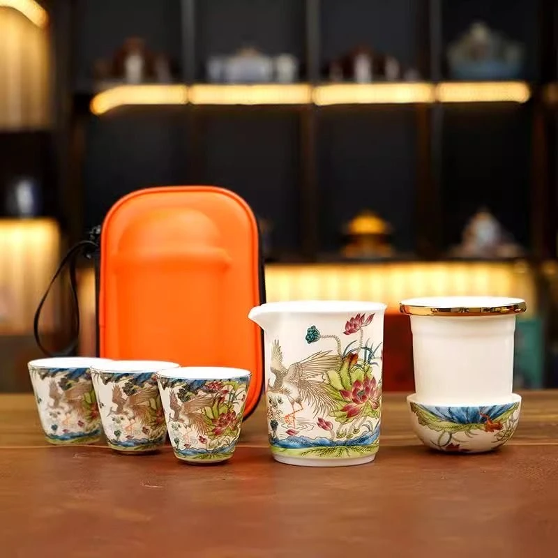 金丝孔雀旅行茶具冰种羊脂玉便携一壶四杯办公简易泡茶器kk0368