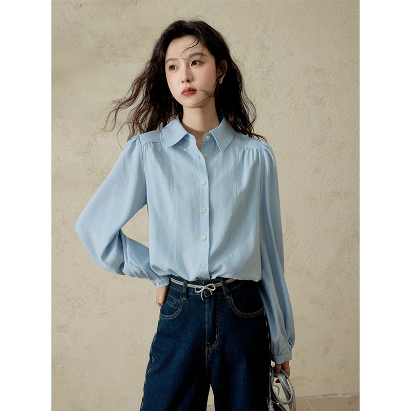 【年末大促】谜秀春秋气质新品春装蓝色天丝衬衫女宽松防晒通勤显瘦