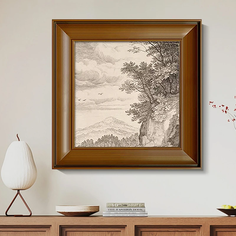 风景线稿素描挂画法式复古客厅装饰画美拉德中古餐厅玄关卧室壁画