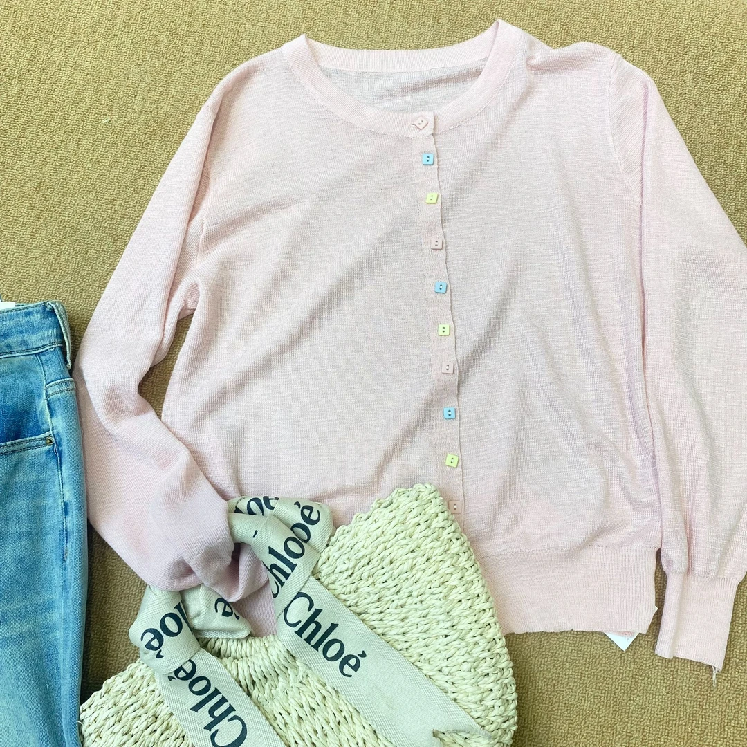 夏季彩扣针织开衫圆领长袖防晒气质休闲薄款上衣