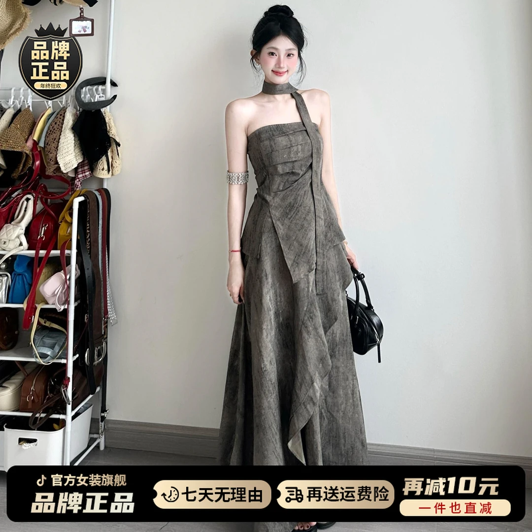 新中式灰色不规则抹胸连衣裙子女夏季2025新款清冷感禅意气质长裙
