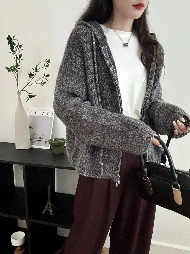 8579圈圈拉链厚开衫女秋冬颗粒感抽绳连帽卫衣外套