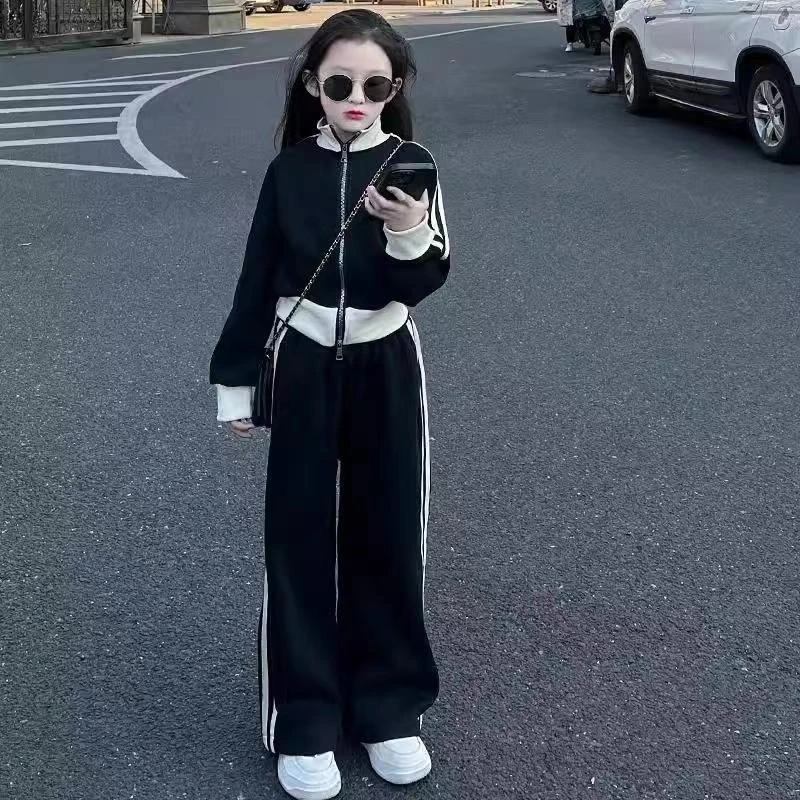 女童春秋款洋气套装2025新款中大童春装韩版立领外套阔腿裤运动装
