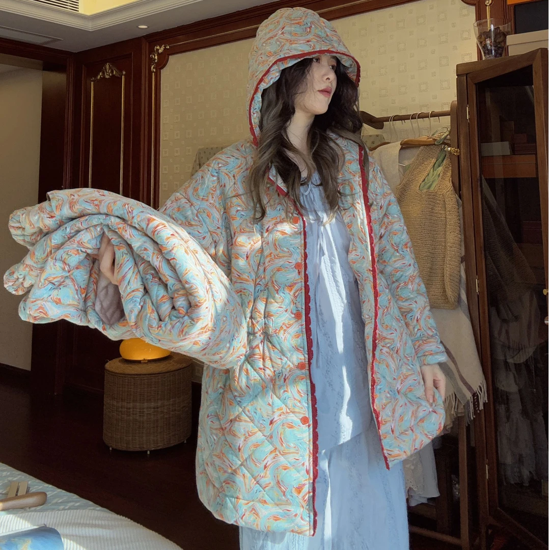 睡衣冬季女士夹棉棉服2025新款外穿家居服加厚碎花连帽家居服套装