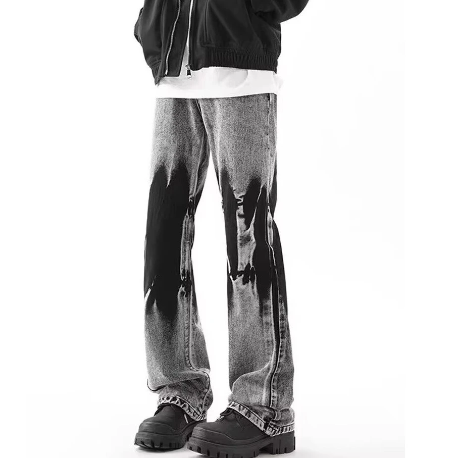 美式高街潮牌复古扎染牛仔裤男春秋季修身直筒裤潮流设计感微喇裤