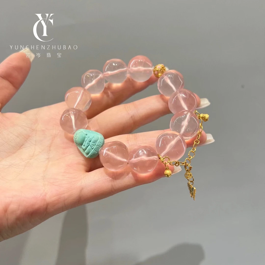 莫桑比克粉水晶菠萝珠绿松石18k金手串卡16mm00276