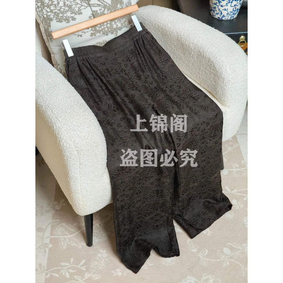 993香云纱提花半松紧直筒裤休闲百搭时尚黑色夏季薄款中国风女裤