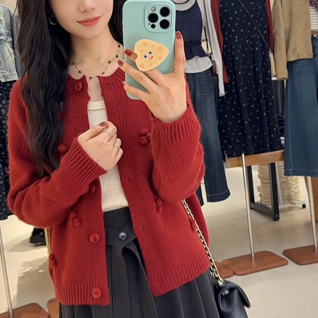 【鞠子JuZi】13732#复古显白减龄球球开衫毛衣（长约53胸围106）