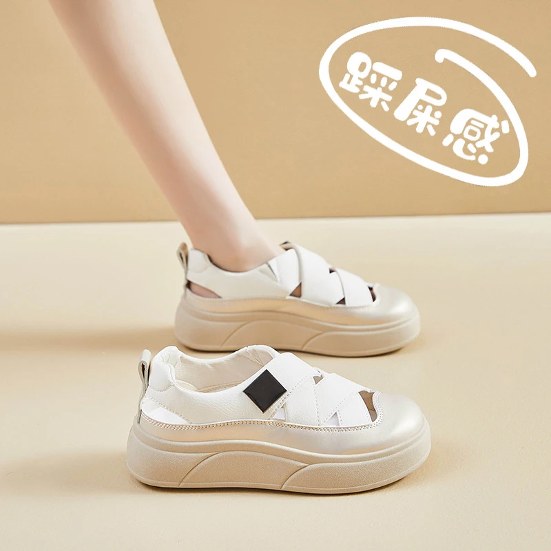 真皮女鞋小码34包头罗马凉鞋夏季2025年爆款镂空猪笼鞋时尚洞洞鞋