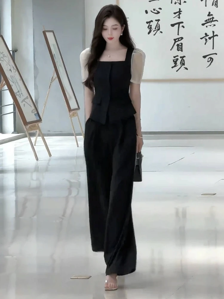 高级感时尚气质套装女士短袖收腰上衣垂感阔腿裤小香风职业两件套
