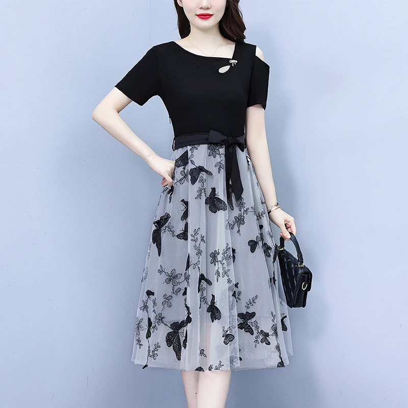 新款夏季修身显瘦大码女装裙子网纱刺绣短袖连衣裙时尚韩版中长款
