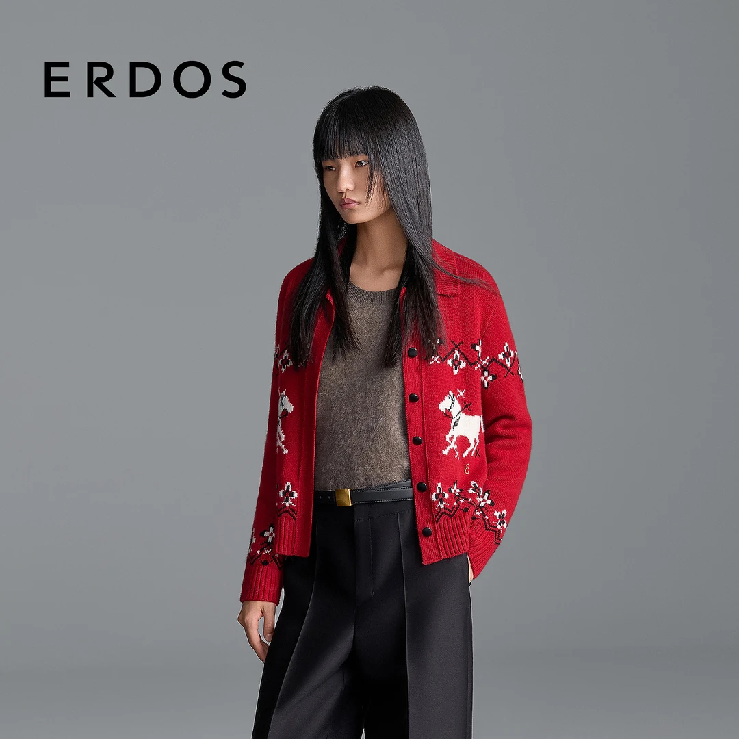 ERDOS 小翻领提花女羊绒衫25年秋冬新品生肖马装饰费尔岛风开衫