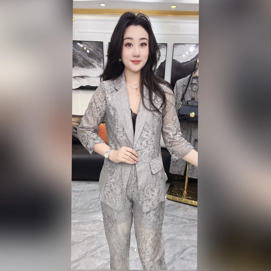 (8810)雪颖家2025年夏季新款简约气质百搭扎染天丝西服套装女