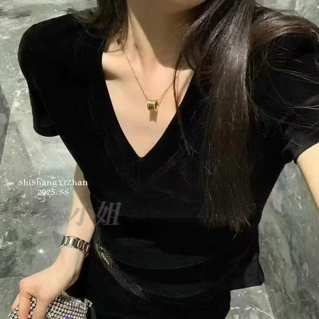 【MIXD杨小姐定制】2025夏款正版可拆卸垫肩V领高级感丝绒短袖上衣