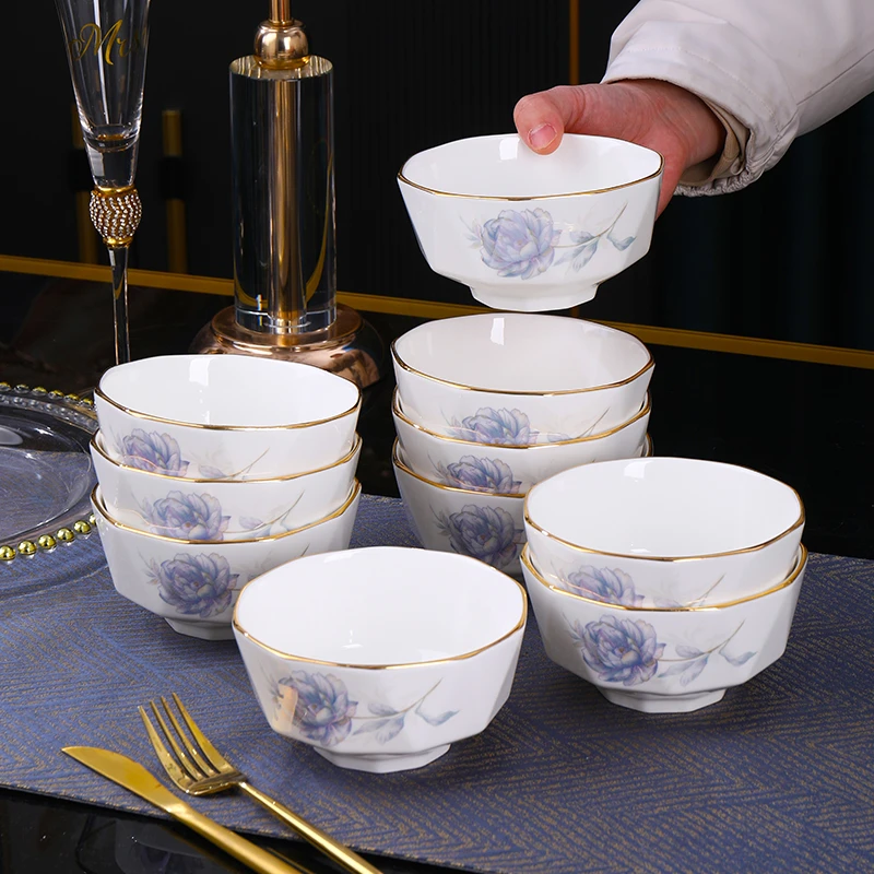 金边蓝色妖姬4.5英寸米饭碗10只装金边描金奢华家用高档餐具