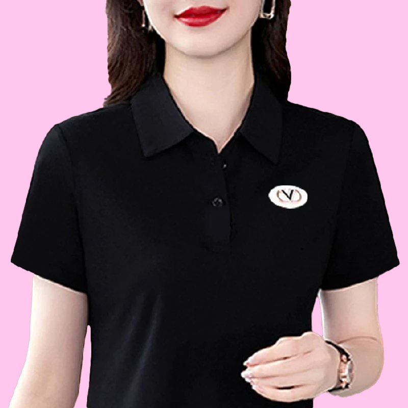 A30黑色翻领POLO领短袖t恤女夏季休闲洋气减龄气质显瘦百搭上衣女