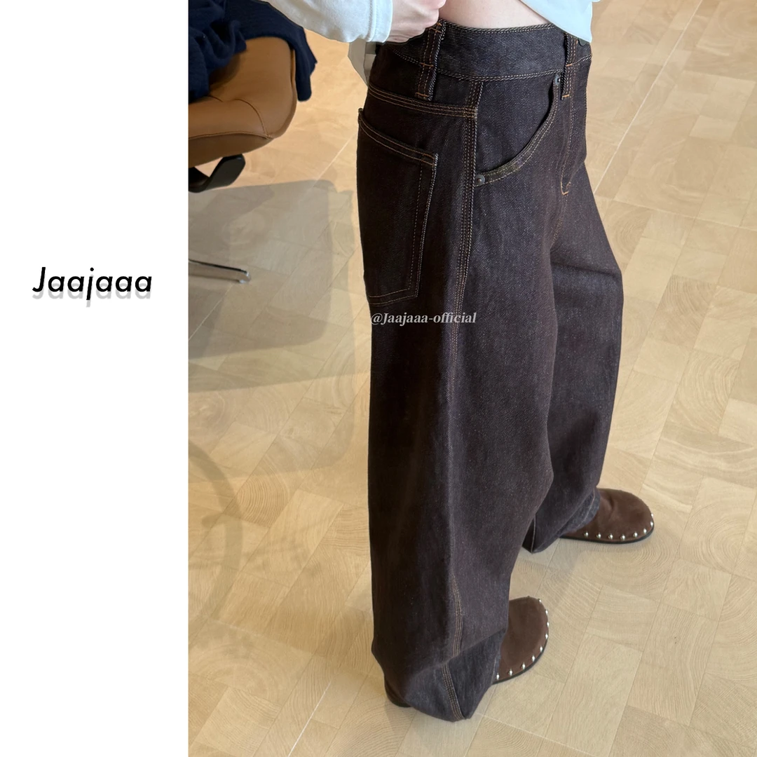 Jaajaaa巷弄晨昏  小众设计高腰秋季纽扣水洗休闲复古牛仔裤/EEHB