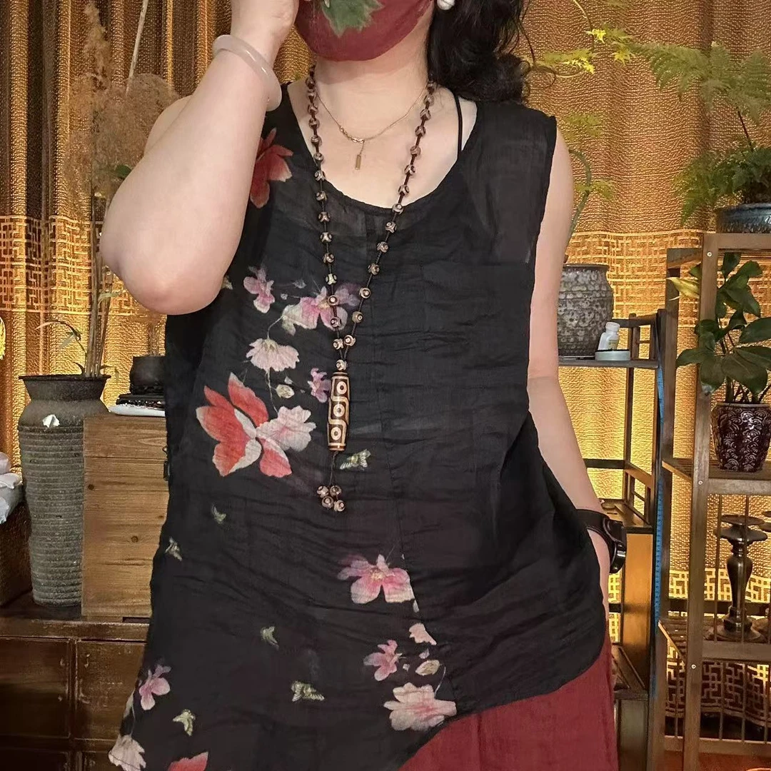 麻四--原创苎麻夏季中国风复古时尚百搭休闲拼色印花不规则背心