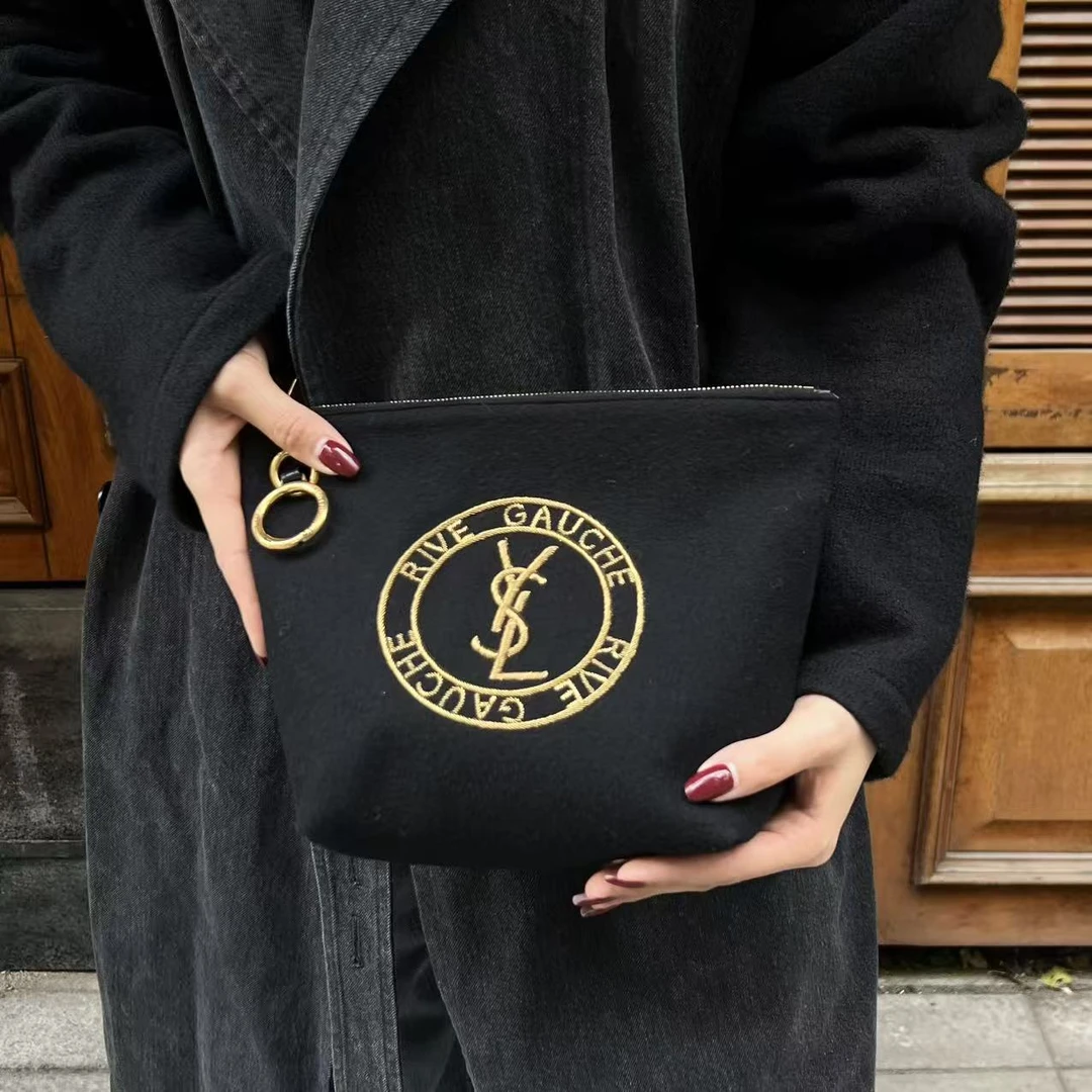 95新 YSL/圣罗兰 YSL黑金毛呢手包A1121
