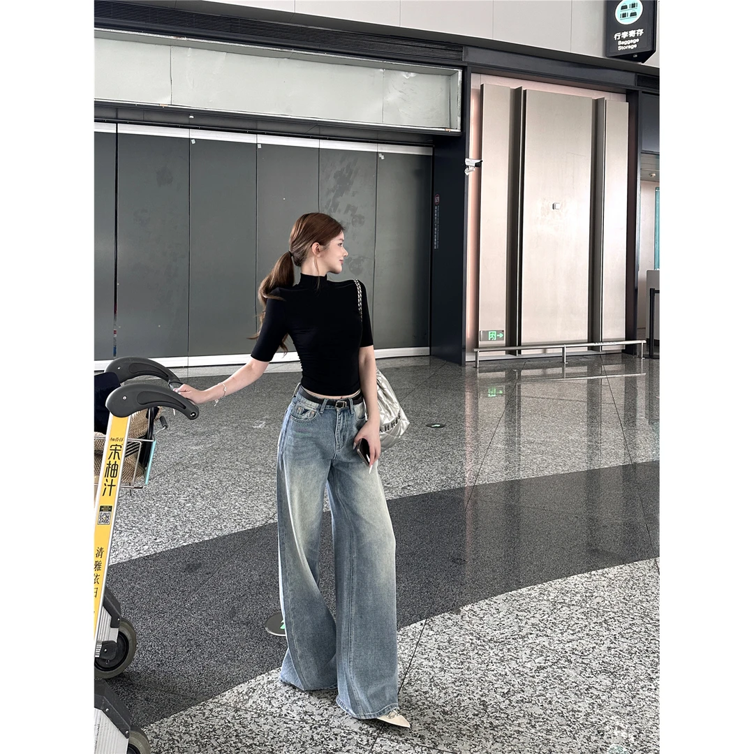 美式高街正反两穿解构设计牛仔裤女夏季新款水洗阔腿加长拖地裤子