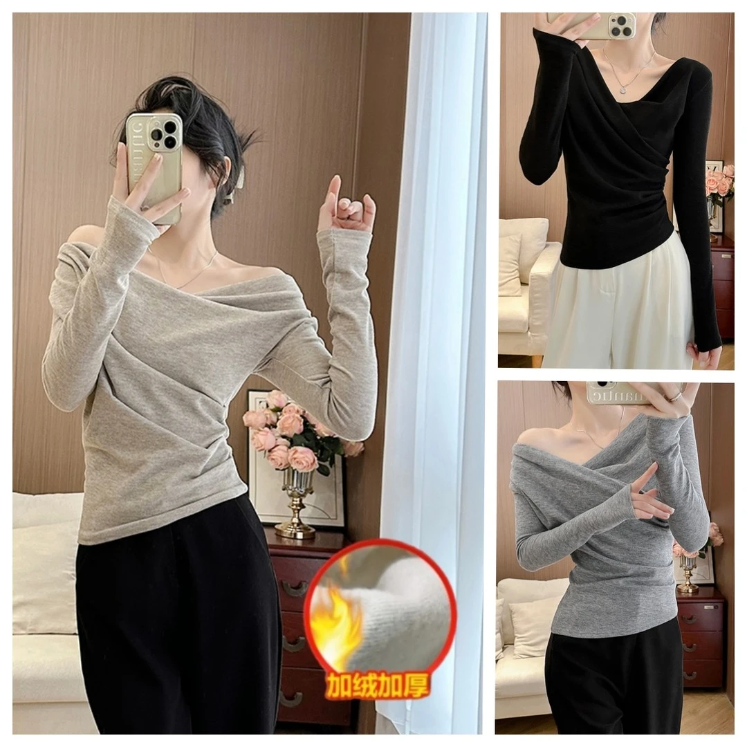 【6-8运补】设计感加绒加厚冬纯欲长袖T恤辣妹露肩打底衫+白色圆领