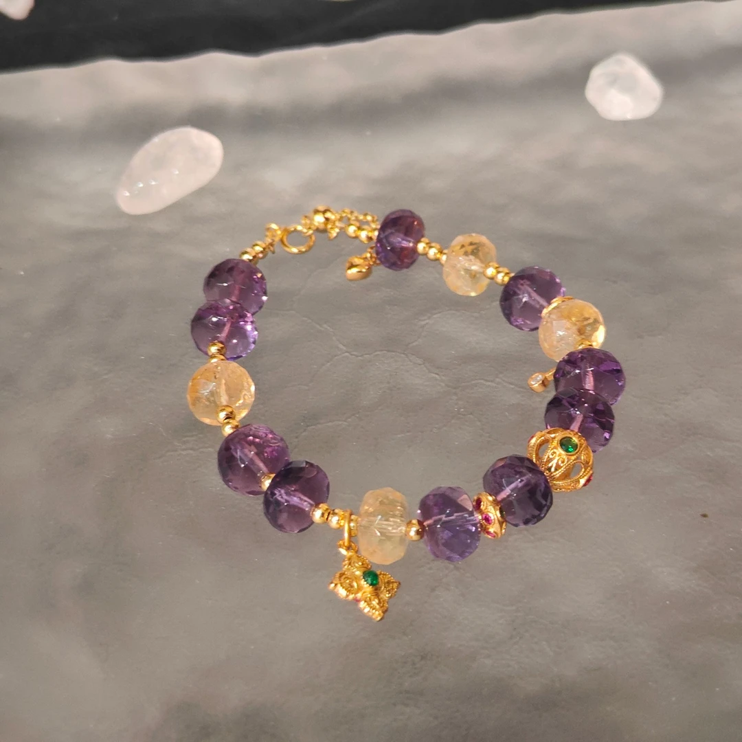 紫水晶切割珠约8mm+黄水晶切割珠约8mm搭银球扁珠带钻配件手链