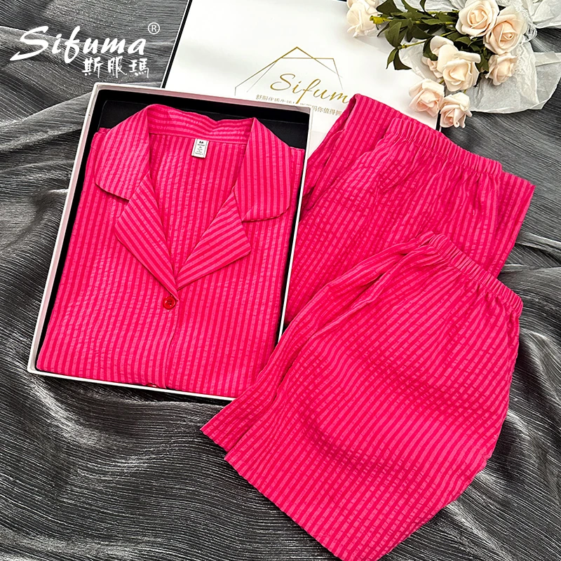 Sifuma/斯服玛《甜心米奇》夏季双层纱棉质短袖三件套睡衣家居服女