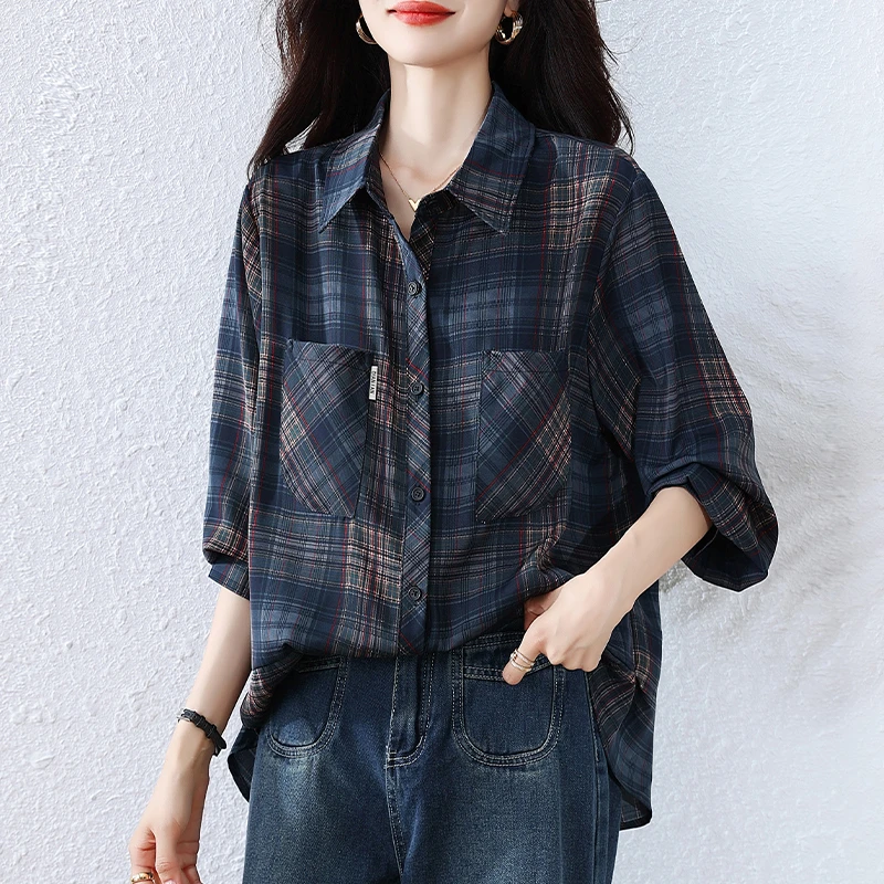 格子衬衫女2025秋季新款洋气女士衬衣高档大码胖MM百搭长袖上衣春