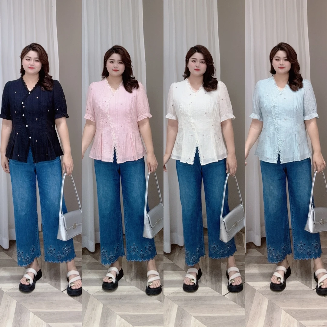 PWD32902【现货仅上衣】夏季胖MM法式刺绣小花显瘦上衣【衣长70】