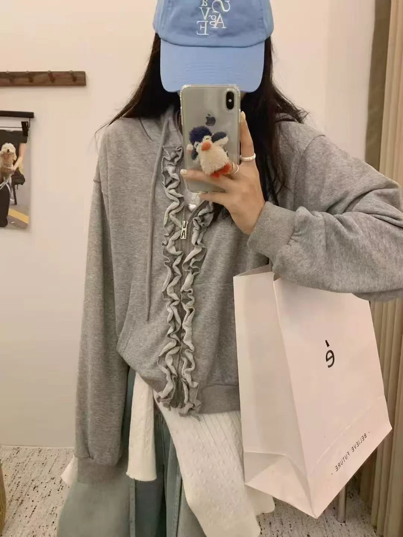 秋季韩版木耳边简约纯色连帽拉链外套