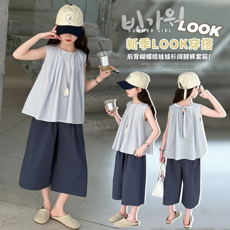 母女装 女童亲子同款25年夏季新品蝴蝶结绑带娃娃衫阔腿裤套装