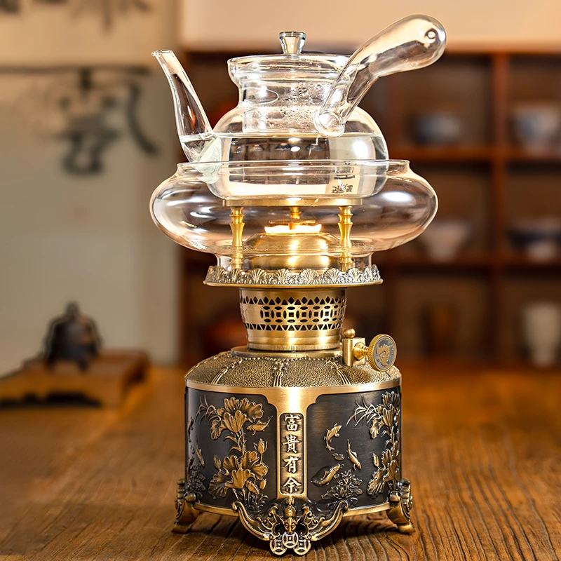 丝焰新款【富贵有余】茶灯潮汕烧水壶全黄铜茶灯复古煮茶炉空气灯