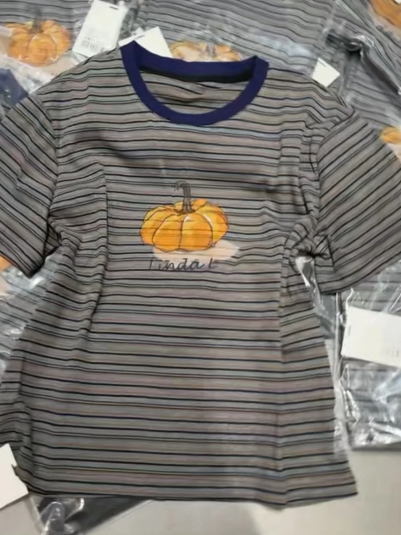 短袖印花2025秋季新款韩版时尚印花南瓜T恤女百搭显瘦条纹撞色