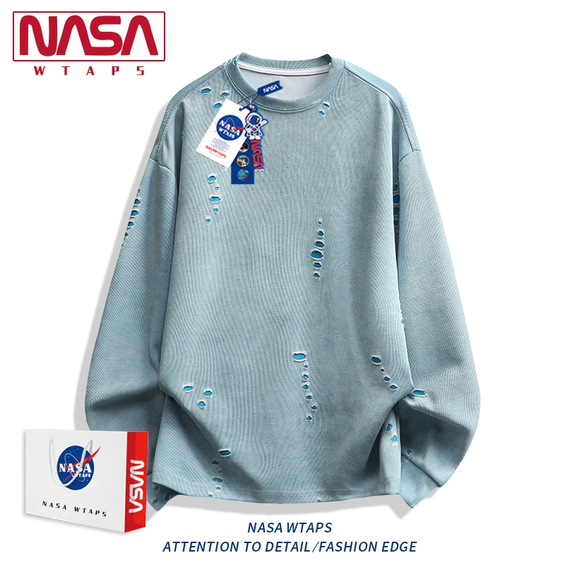 NASA WTAPS美式复古破洞圆领卫衣男款春秋季潮牌宽松休闲重磅上衣