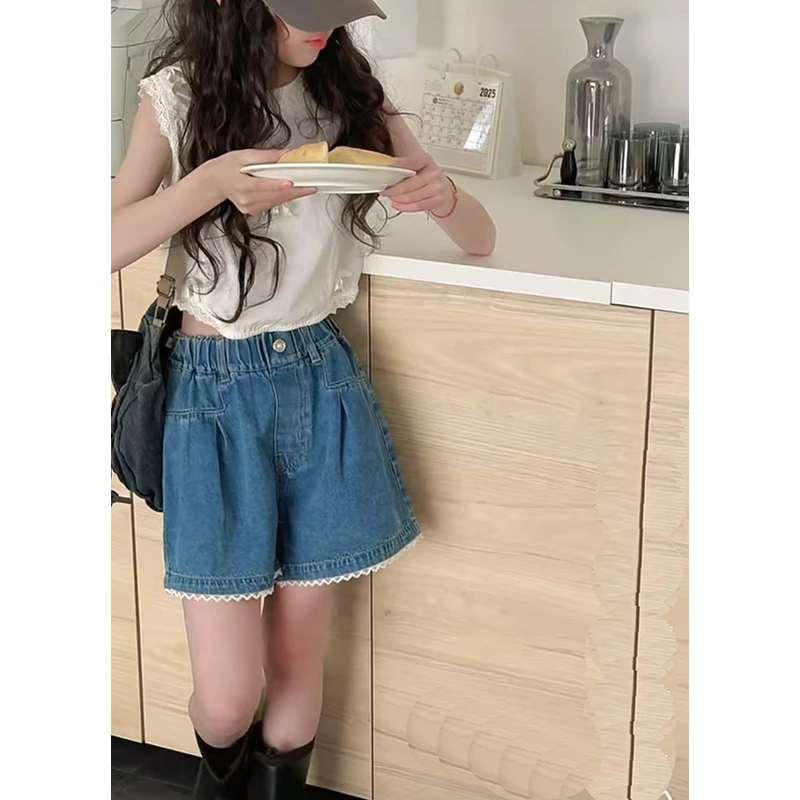 女童短裤6-12岁潮款外穿夏季洋气薄款中大童花边牛仔裤夏装百搭