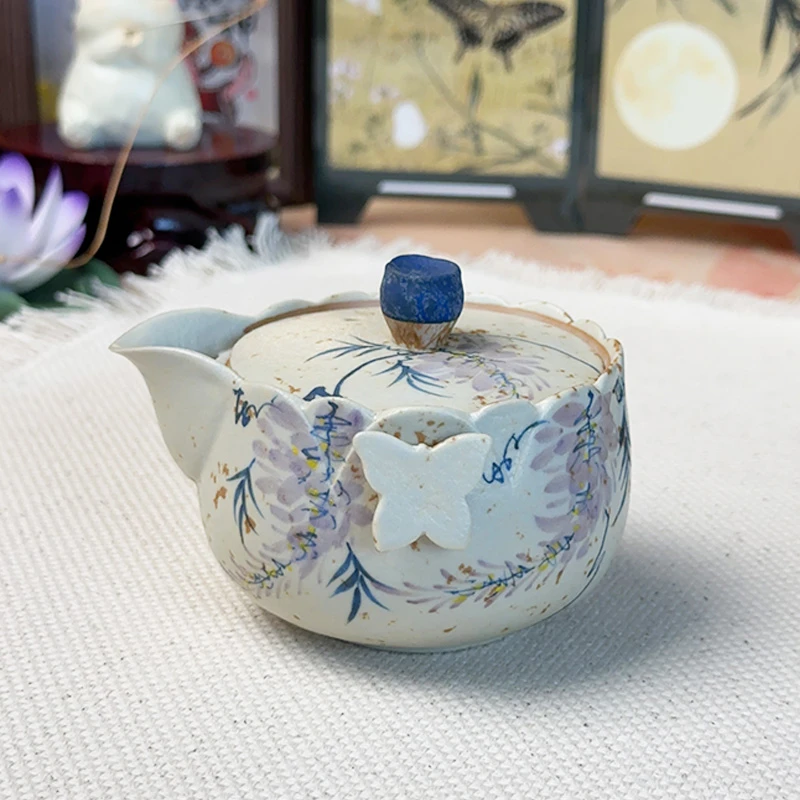 青花火石红茶壶手绘紫藤花手抓壶家用功夫茶具泡茶器粗陶复古