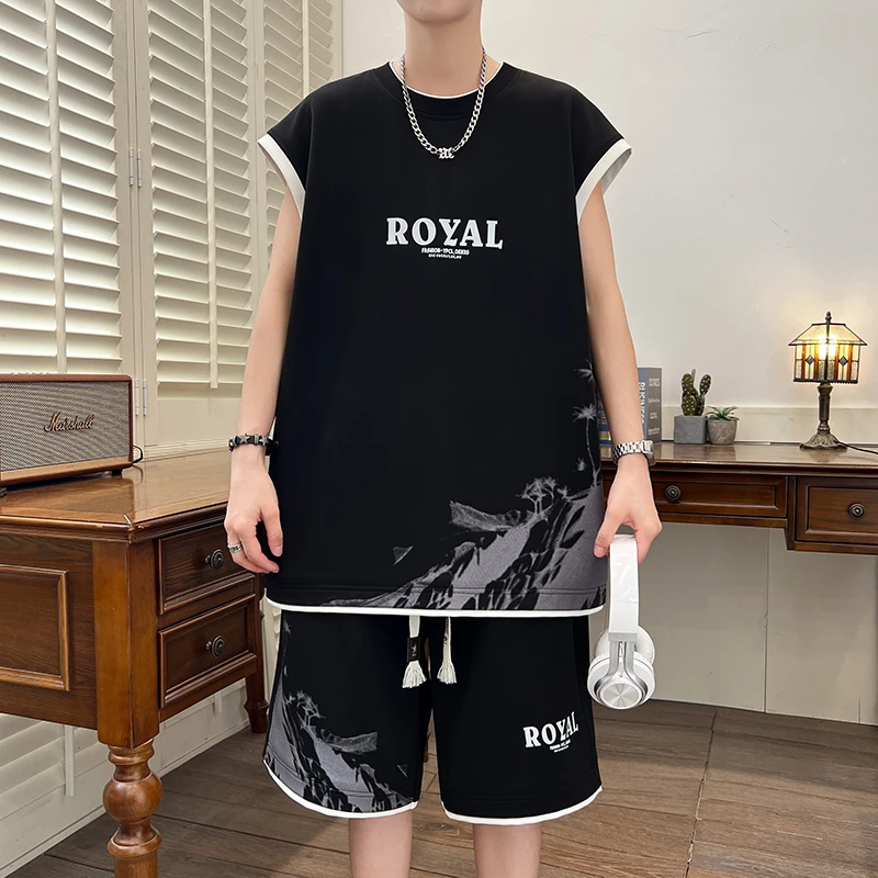 2025夏季新款青少年时尚潮牌无袖坎肩休闲套装宽松百搭款两件