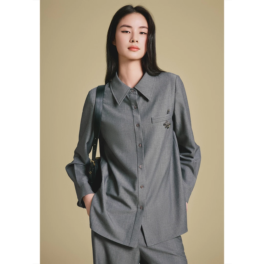 诗篇专选格雷系手工钉珠宽松高级感翻领商务衬衫女6C65230013