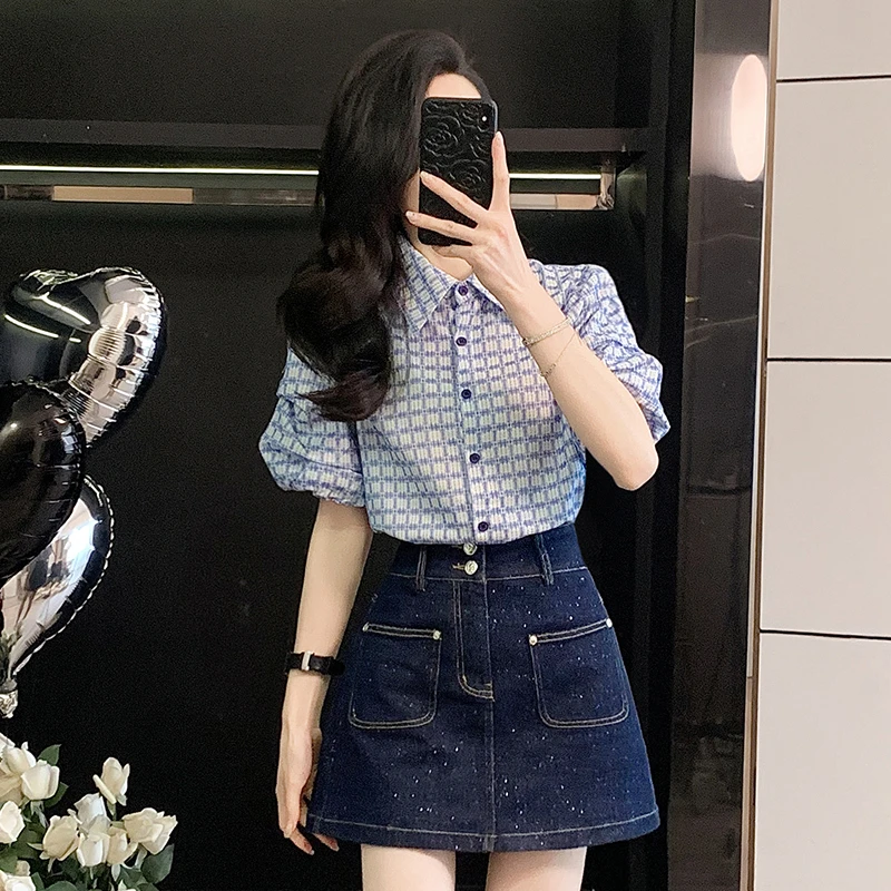 2025夏季新款韩版设计感网红炸街时尚套装休闲衬衫牛仔短裤两件套