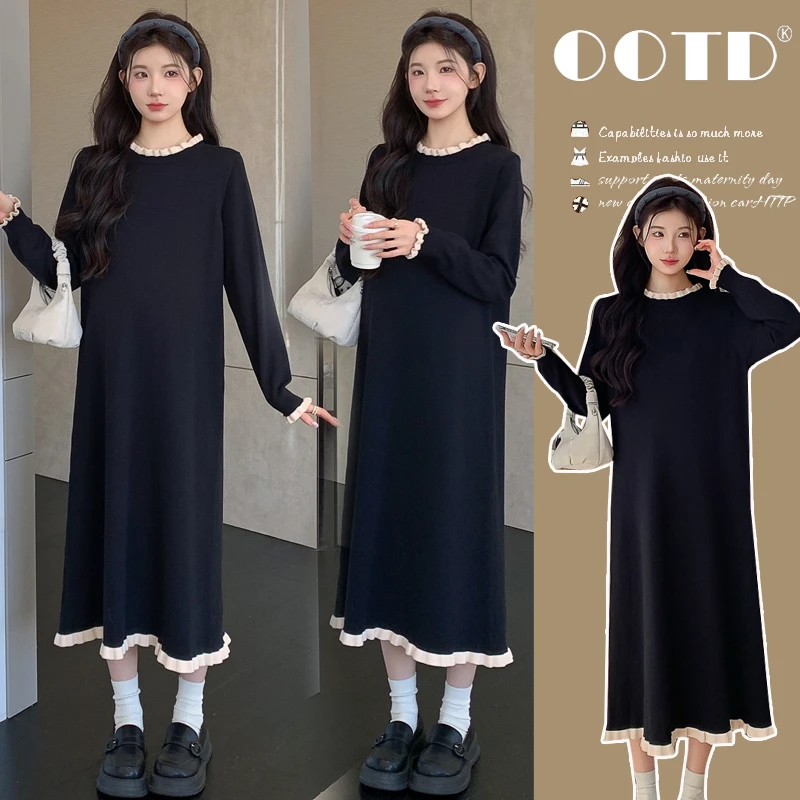 孕妇秋装连衣裙2025新款时尚木耳边花边领冬季黑色针织内搭打底裙
