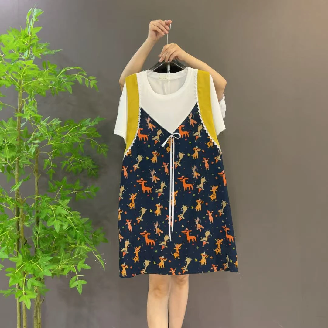 8809夏季欧货撞色拼接半袖薄款显瘦宽松小清新洋气大码连衣裙