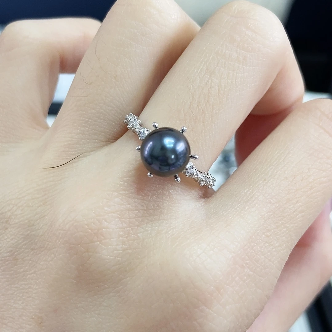 戒圈银S925镶嵌海水珍珠妖紫大溪地戒指