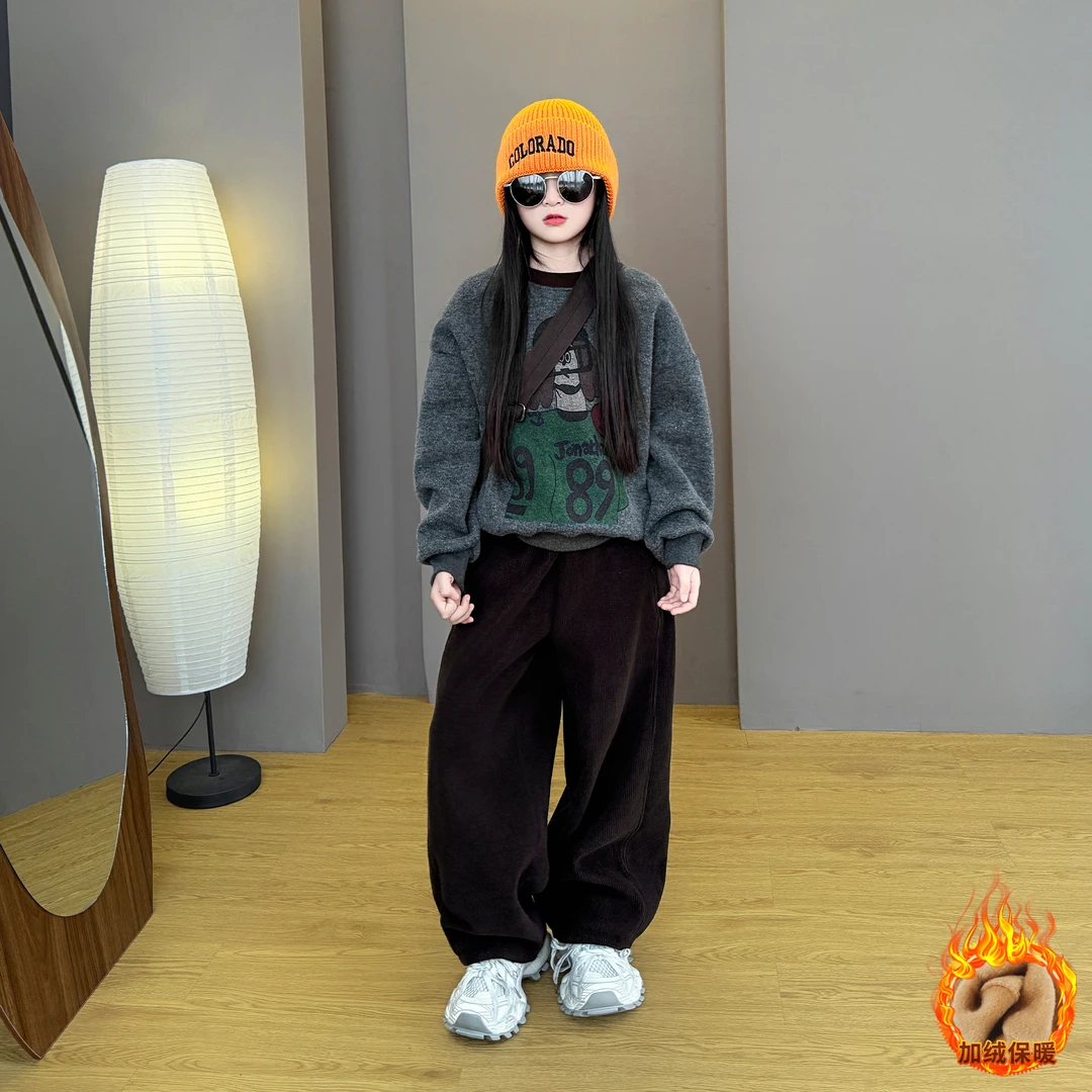 女童2025新款个性秋冬季印花加绒毛妮卫衣加绒阔腿休闲裤两件套潮