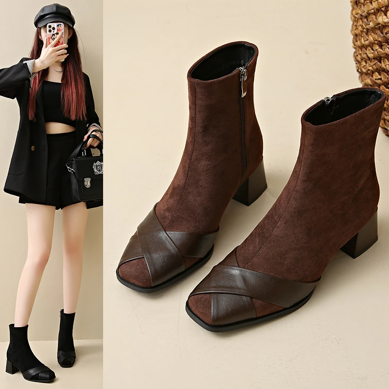 牛皮版~~美拉德拼接弹力小短靴女2025新款秋季粗跟及踝瘦瘦靴单靴