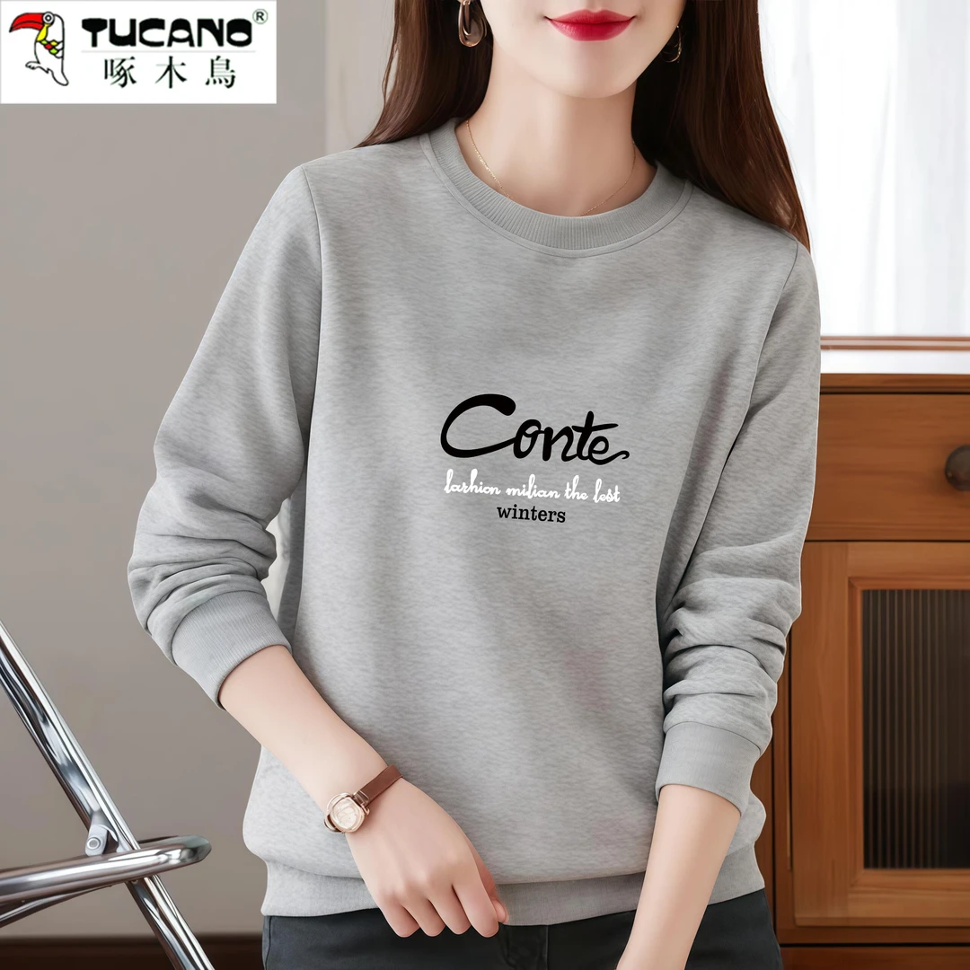 啄木鸟圆领卫衣女秋冬新款宽松大码修身显瘦韩版长袖开叉休闲上衣