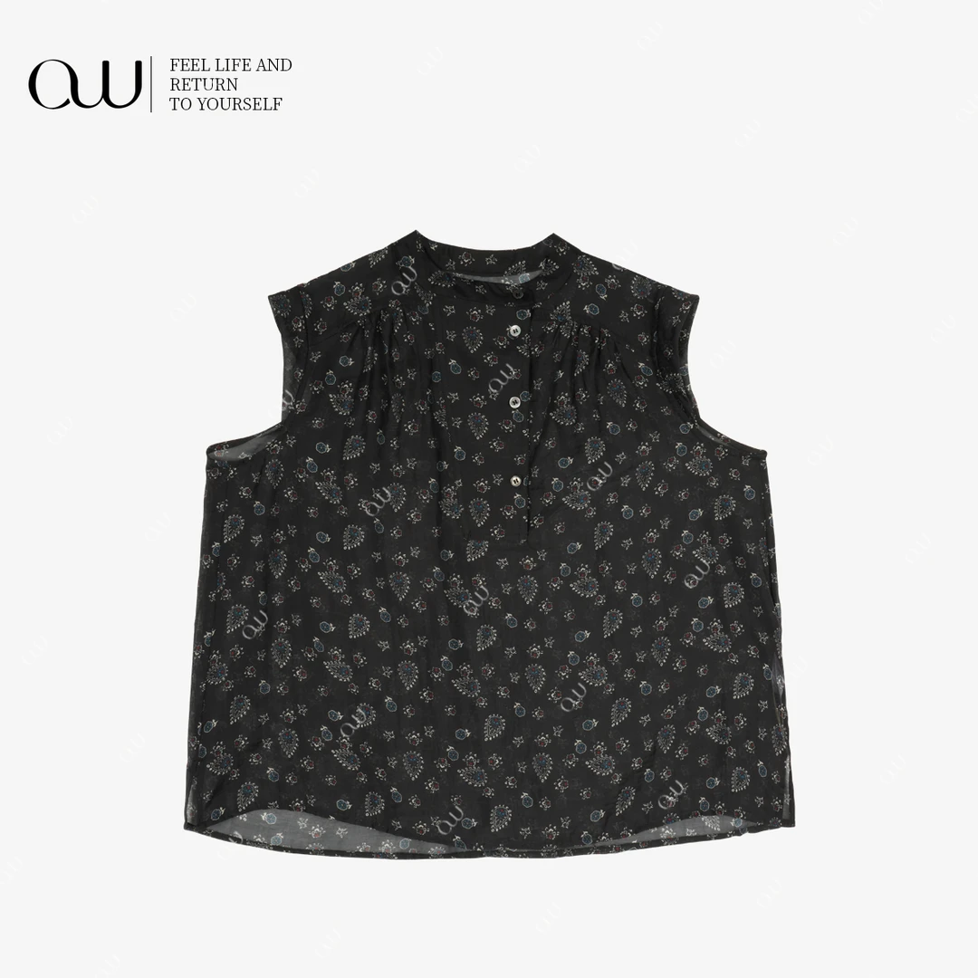 【老白不白】夏季女装提花黑色碎花薄款无袖衬衫OW252CS005C