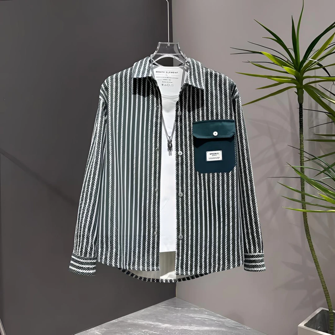 新款翻领韩版短袖男款外套上衣秋冬男士经典百搭时尚条纹衬衫长袖